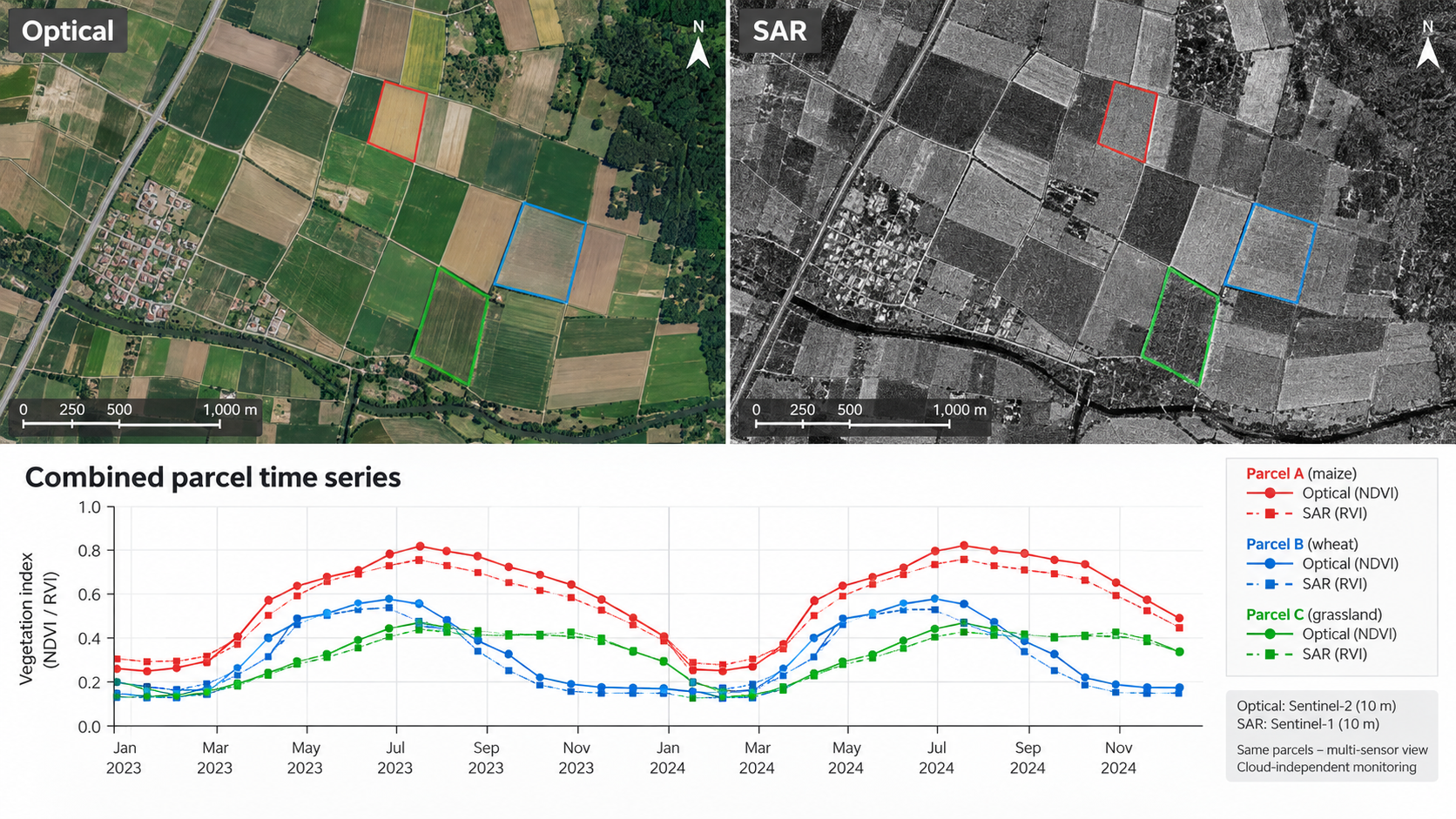 Side-by-side optical and SAR views of the same agricultural area, followed by a combined parcel time series